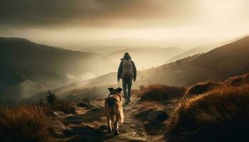 een persoon wandelen met hond geniet rustig berg zonsondergang silhouet gegenereerd door ai foto