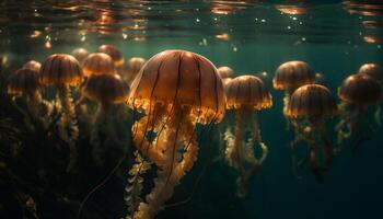 multi gekleurde cnidarian tentakels gloed in rustig onderwater- landschap gegenereerd door ai foto