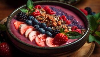 een fijnproever kom van vers biologisch bessen en muesli tussendoortje gegenereerd door ai foto