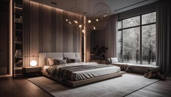 modern luxe slaapkamer comfortabel, elegant, en verlichte voor ontspanning gegenereerd door ai foto