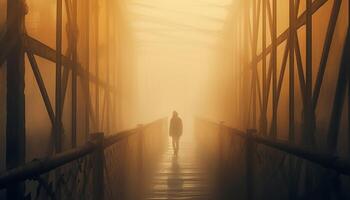 een persoon wandelen in natuur, terug lit door zonsondergang gegenereerd door ai foto