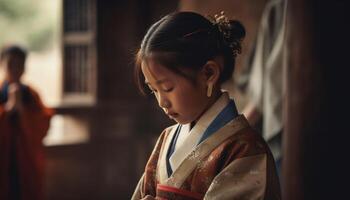 glimlachen Japans meisje in traditioneel kleding geniet aan het leren buitenshuis met familie gegenereerd door ai foto