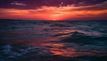 een rustig zonsondergang over- de blauw water, een dramatisch lucht gegenereerd door ai foto