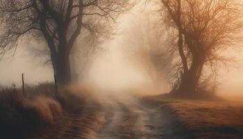 mysterieus mist lijkwaden de spookachtig Woud in herfst schoonheid gegenereerd door ai foto