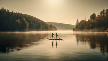 twee mannen peddelen een kano Bij zonsondergang, een rustig tafereel gegenereerd door ai foto