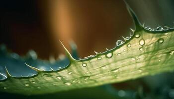 vers dauw druppels Aan groen blad, natuur levendig breekbaarheid gegenereerd door ai foto