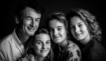 een blij familie omarmt, glimlachen voor een zwart en wit portret gegenereerd door ai foto