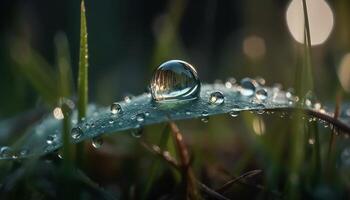 vers dauw druppels Aan groen bladeren, natuur vloeistof reflectie gegenereerd door ai foto