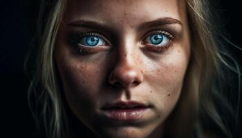 een jong volwassen vrouw, met blond haar- en blauw ogen gegenereerd door ai foto