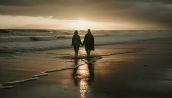 een romantisch zonsondergang wandelen Aan de strand, Holding handen samen gegenereerd door ai foto
