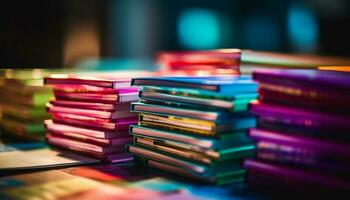 een groot stack van kleurrijk leerboeken Aan een bibliotheek tafel gegenereerd door ai foto