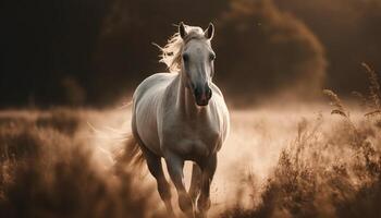 de majestueus hengst loopt vrij in de rustig weide gegenereerd door ai foto