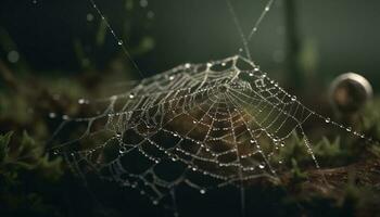 spin web glinstert met dauw druppels in de herfst Woud gegenereerd door ai foto