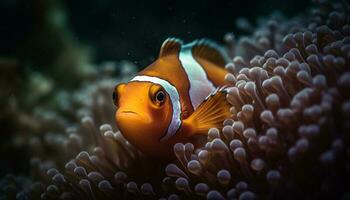 dichtbij omhoog van levendig clown vis in mooi koraal rif onderwater- gegenereerd door ai foto