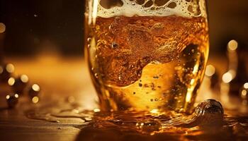 een gouden laten vallen van whisky spatten in een schuimig bier gegenereerd door ai foto