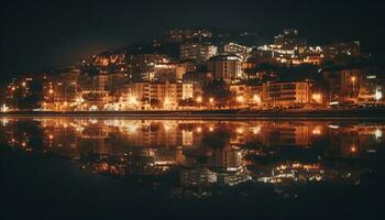 de verlichte stad horizon weerspiegelt Aan de water Bij schemer gegenereerd door ai foto