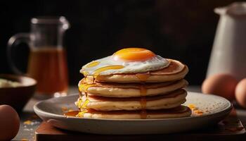 eigengemaakt pannenkoeken met honing siroop, BES fruit, en karnemelk boter gegenereerd door ai foto