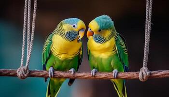 levendig ara's neerstrijken Aan tak, presentatie van schoonheid in natuur gegenereerd door ai foto