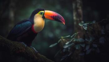 de levendig toekan zitstokken Aan een Afdeling in de regenwoud gegenereerd door ai foto