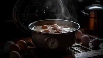 vers gekookt soep in rustiek houten schaal, perfect voor lunch gegenereerd door ai foto