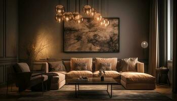 modern luxe leven kamer met comfortabel sofa en elegant decor gegenereerd door ai foto
