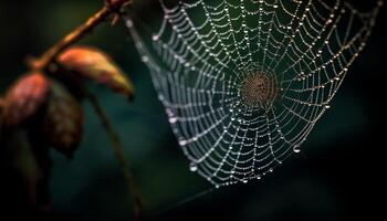 spookachtig spin spins bedauwd web, vastleggen schoonheid in natuur seizoen gegenereerd door ai foto