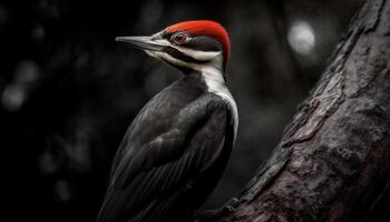 een zwart vogel neerstrijken Aan een tak, op zoek Bij camera gegenereerd door ai foto