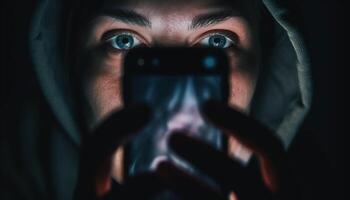 spookachtig met een kap dief Holding telefoon, vastleggen angst in portret fotografie gegenereerd door ai foto