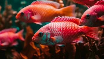 een levendig school- van multi gekleurde vis zwemmen in een rif gegenereerd door ai foto