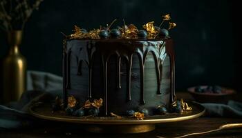 een decadent chocola taart met framboos en aardbei decoratie gegenereerd door ai foto
