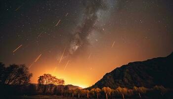 de melkachtig manier verlicht de nacht lucht, een majestueus natuurlijk fenomeen gegenereerd door ai foto