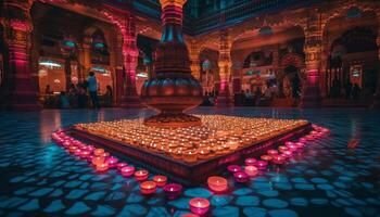 de oude monument verlichte door multi gekleurde lantaarns symboliseert geestelijkheid gegenereerd door ai foto