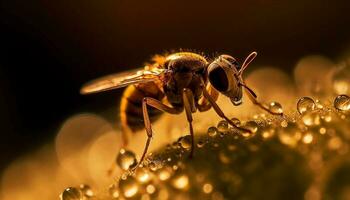 klein bij verzamelt dauw laten vallen Aan geel bloem in lente gegenereerd door ai foto