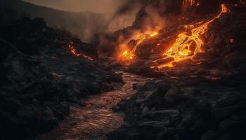 vulkanisch landschap barst uit in inferno van gesmolten lava en rook gegenereerd door ai foto