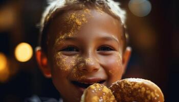 schattig kind verwent in zoet behandelt Bij buitenshuis winter festival gegenereerd door ai foto