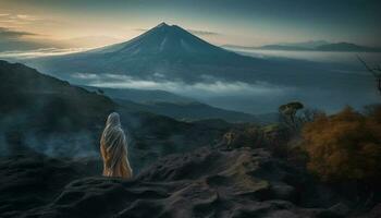 silhouet van een persoon wandelen majestueus berg reeks Bij dageraad gegenereerd door ai foto