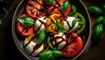 gezond vegetarisch salade met Mozzarella, kruid, en biologisch ingrediënten gegenereerd door ai foto