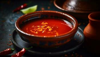 een gezond vegetarisch soep met Chili peper en koriander garneer gegenereerd door ai foto