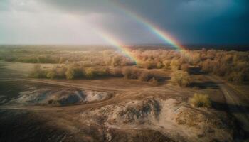 de majestueus berg landschap gloeit met regenboog kleuren Bij zonsondergang gegenereerd door ai foto