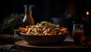 een fijnproever maaltijd Aan een rustiek hout tafel, gezond aan het eten gegenereerd door ai foto