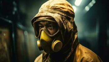 een persoon in beschermend werkkleding en gas- masker werken binnenshuis gegenereerd door ai foto