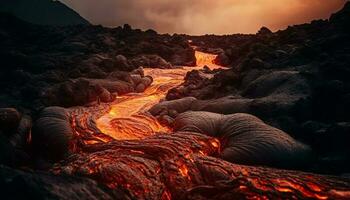 uitbarsting vulkaan spuwt lava, rook, en as in de lucht gegenereerd door ai foto