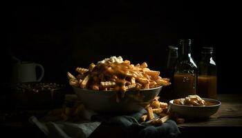 een rustiek maaltijd Aan een houten tafel vers, eigengemaakt, gekookt gegenereerd door ai foto