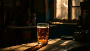 schuimig bier glas Aan rustiek bar teller gegenereerd door ai foto