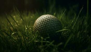 golfspeler teeing uit Aan groen gras, raken golf bal met succes gegenereerd door ai foto