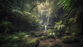 rustig tafereel versheid van groen kleur, vallend water, en mysterie gegenereerd door ai foto