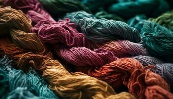 levendig gekleurde spoelen van draad voor creatief breiwerk en naaien gegenereerd door ai foto