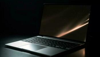 modern laptop verlicht donker kantoor, Verbinden globaal bedrijf communicatie draadloos gegenereerd door ai foto
