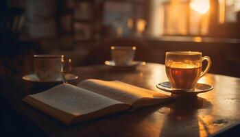 lezing literatuur Aan een comfortabel tafel met heet koffie gegenereerd door ai foto