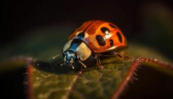 gevlekte lieveheersbeestje kruipt Aan groen blad, schoonheid in natuur gegenereerd door ai foto